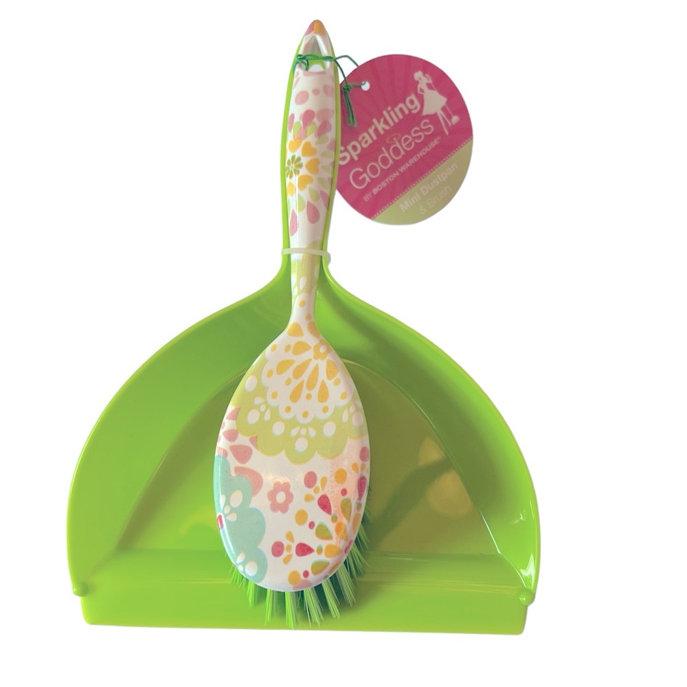 Small Lime Green Dustpan with Floral Handle Brush with Lime Bristles.
